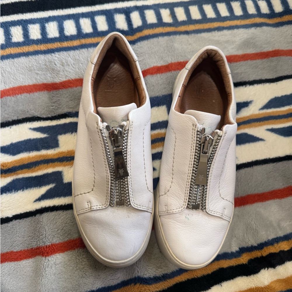 White Frye Leather Zip Sneakers
